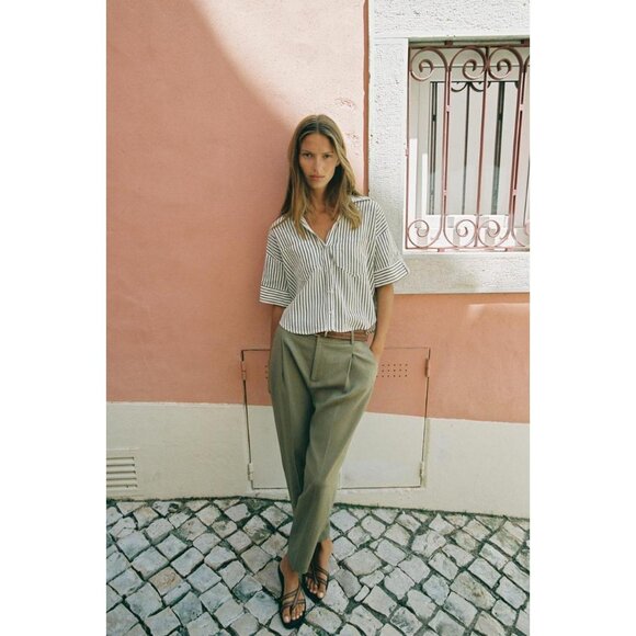 ZARA LINEN BELTED STRAIGHT-LEG TROUSERS - Picture 2 of 7